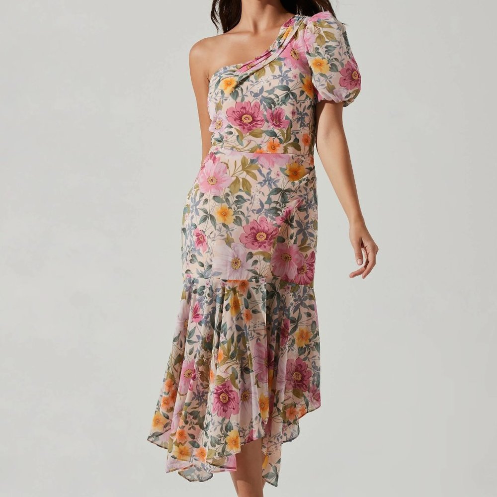 ASTR The Label Santorini One-Shoulder Floral Midi Dress Size M